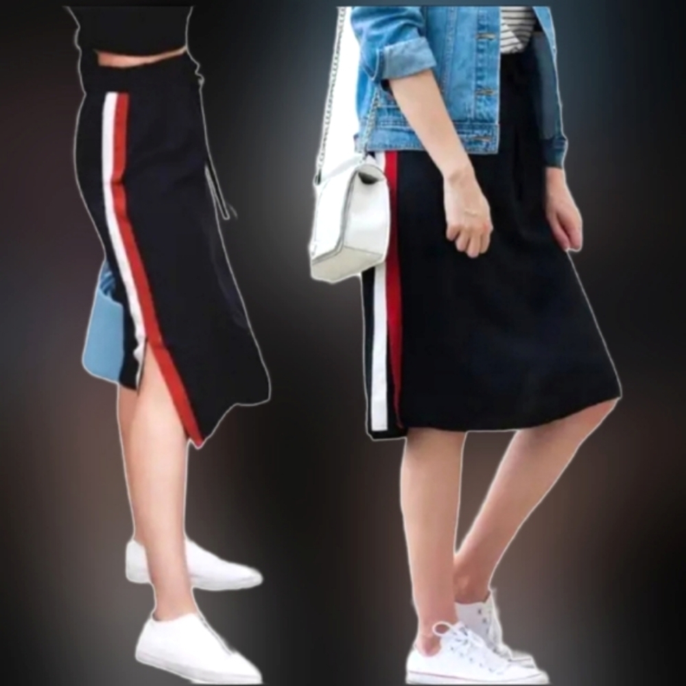 Who What Wear Black Midi Skirt with Red and White Stripes
